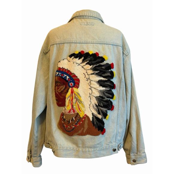 Vintage 70s Indian Head Native American Denim Jacket Size XL Embroidered Western - Picture 1 of 10